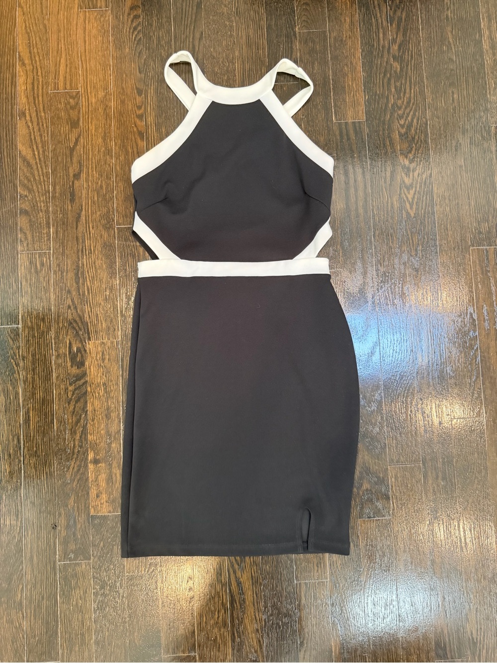 New Women's Black Dress with White Trim - Halter Cutout Bodycon